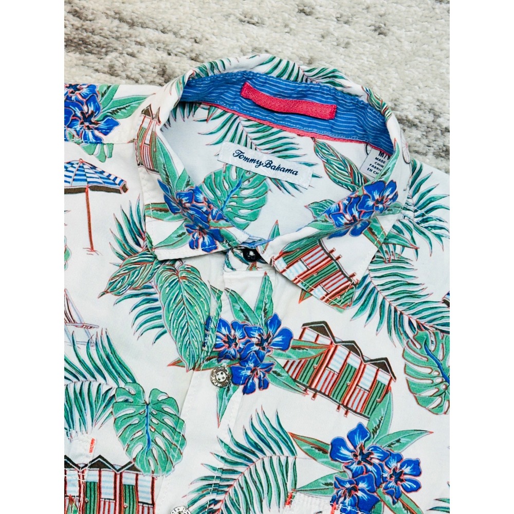 Tommy Bahama Shirt Mens Medium White Tropical‎ Beach Hut Floral Button Up Tencel